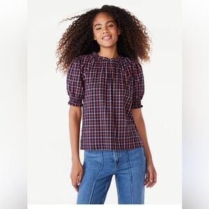 NWOT Free Assembly Plaid Puff Sleeve Top
